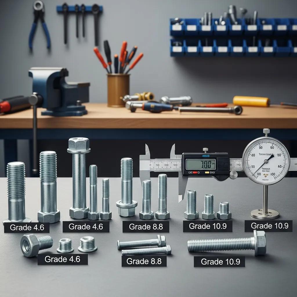 Different grades of fasteners with a measuring tool in a workshop setting