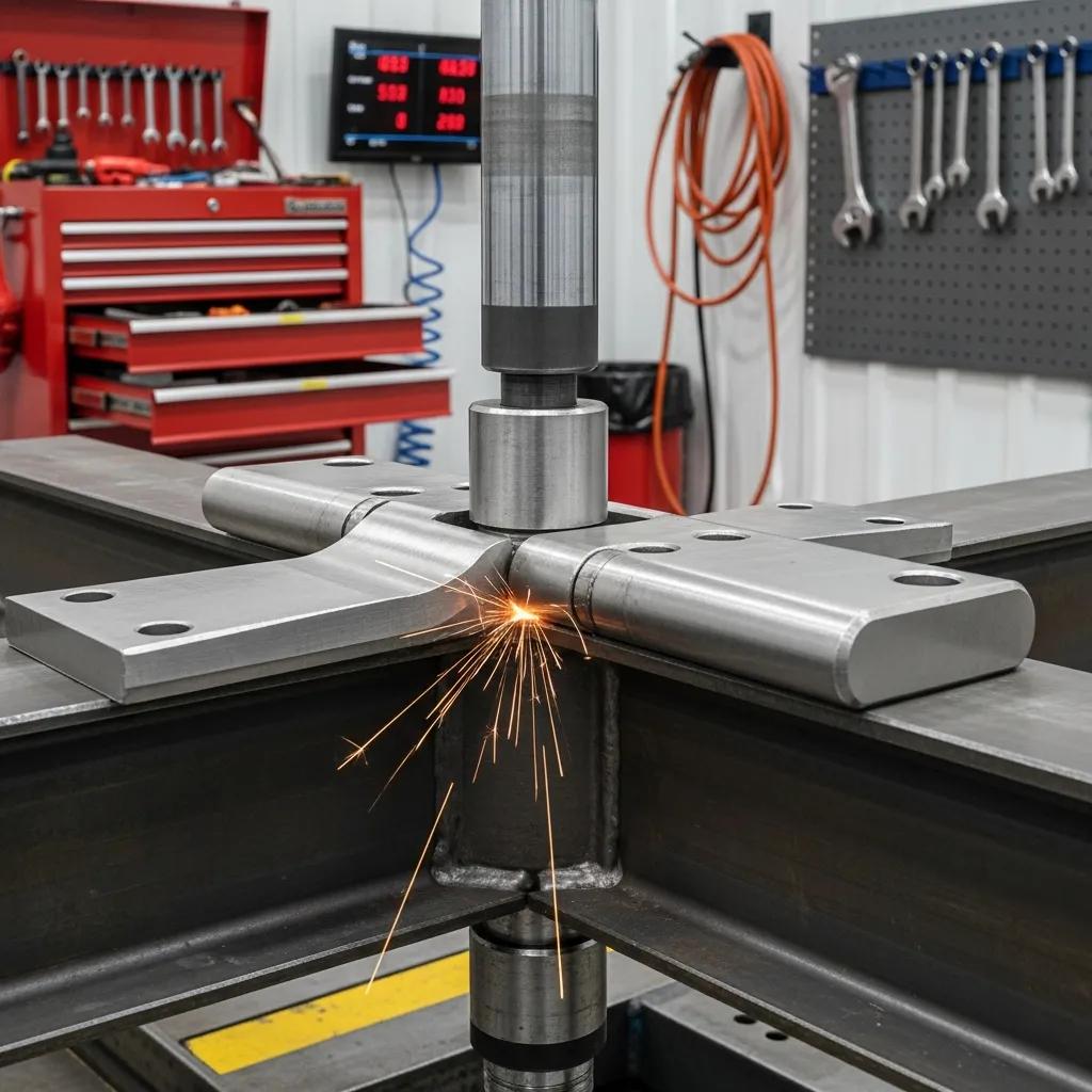 Industrial test of a heavy-duty hinge under load to measure strength and durability