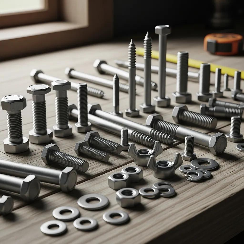 Variety of industrial fasteners including bolts, nuts, and screws on a workbench